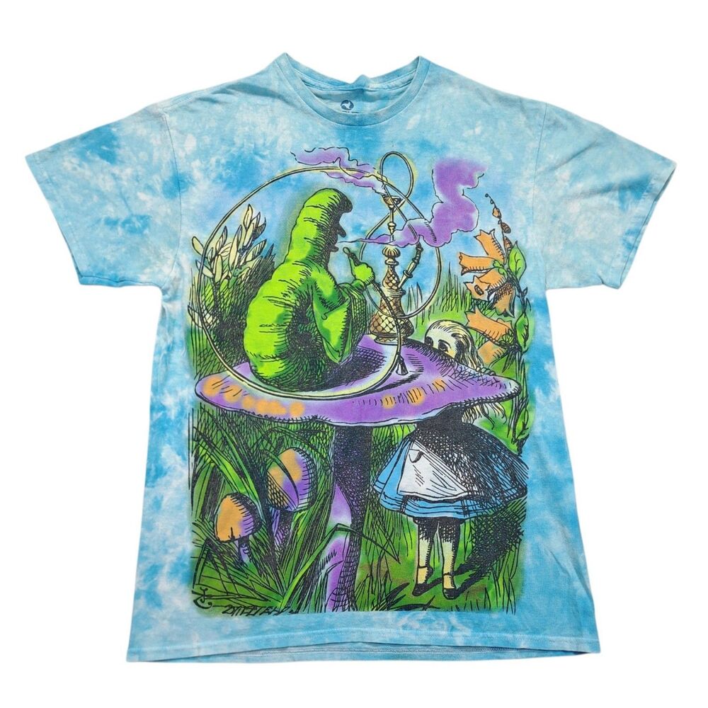 Liquid Blue Alice in Wonderland T Shirt Mens M Caterpillar Hookah Tie Dye Blue